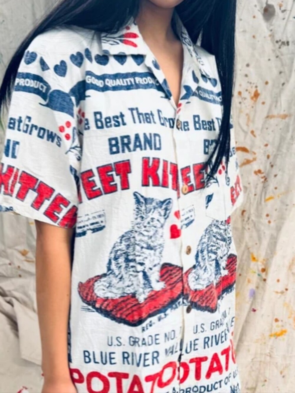Vintage Sack Sweet Kitten Potato Sack Short Sleeve Buttonfront Dress Size L / XL